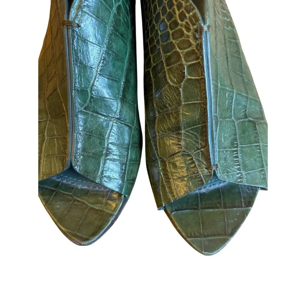 Jenni Kayne‎ Size 7 Leather Embossed Animal Print Flats Zip Forest Green Boho